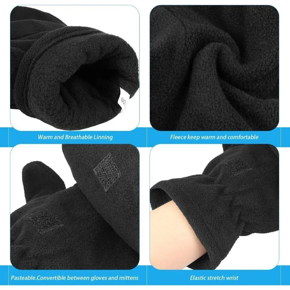 Winter Gloves Fingerless Convertible Mittens Polar Fleece Insulated Warm for Men